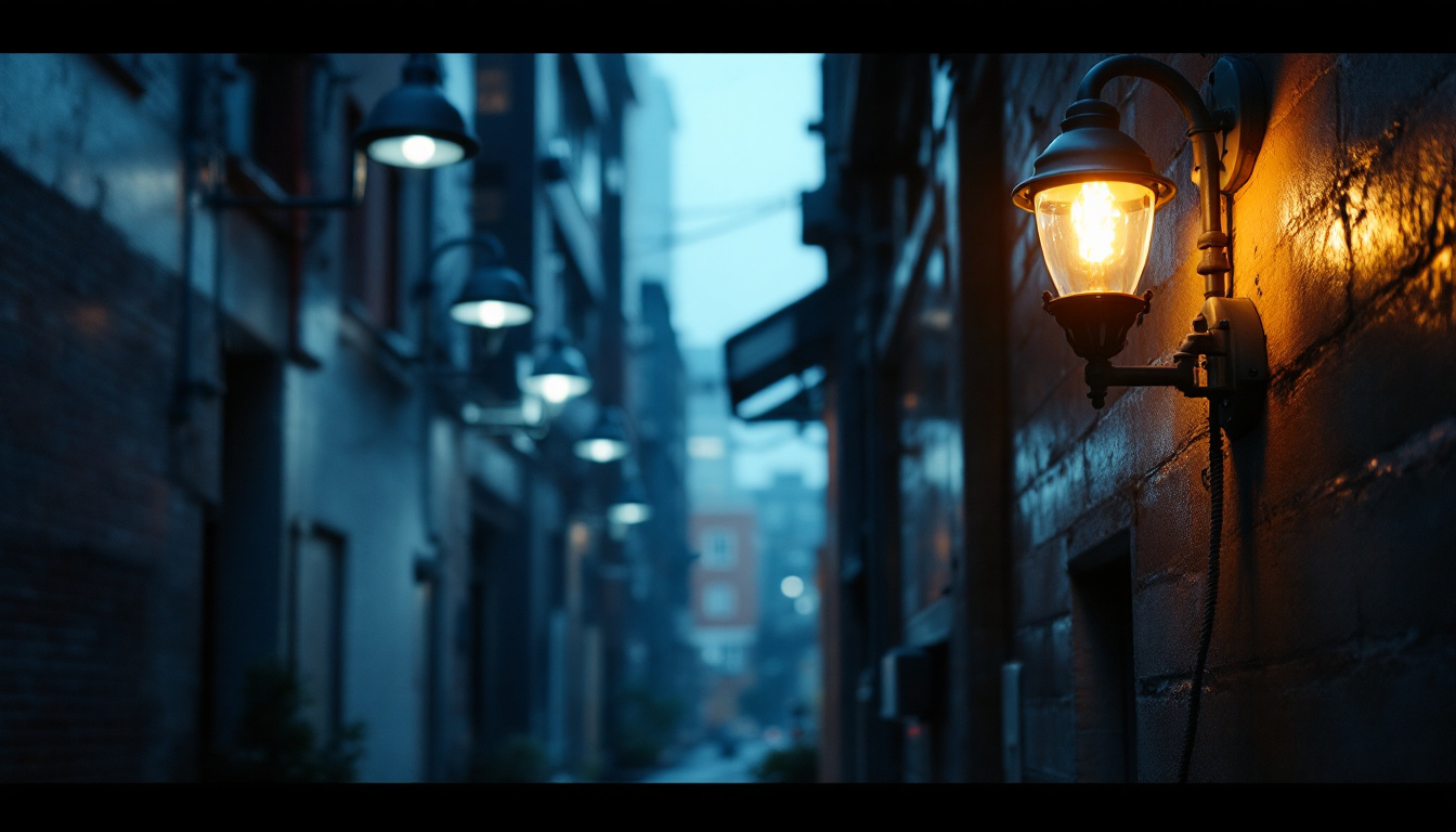 A photograph of a contrasting scene that showcases both industrial and commercial exterior light fixtures in an urban setting