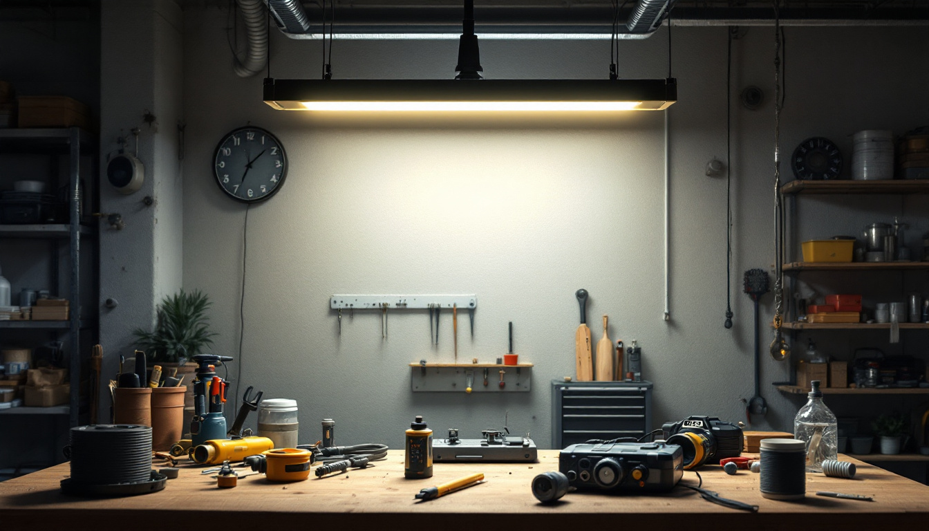 A photograph of a well-lit workshop or garage setting featuring an 8 ft shop light in use