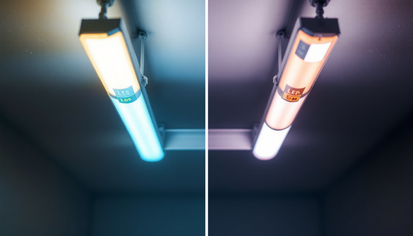 A photograph of a side-by-side comparison of a fluorescent light fixture and an led replacement