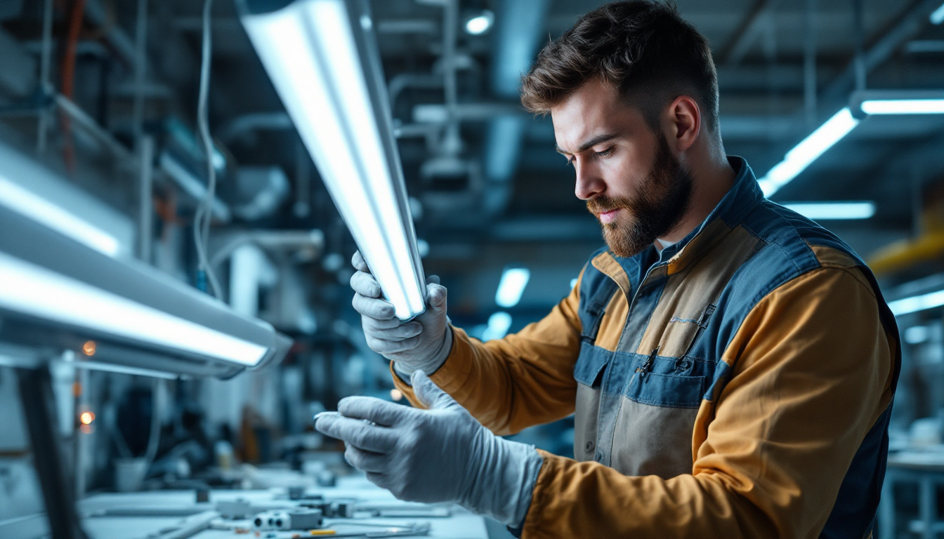 A photograph of a skilled electrical engineer working with t5 led lighting fixtures in a well-lit workshop