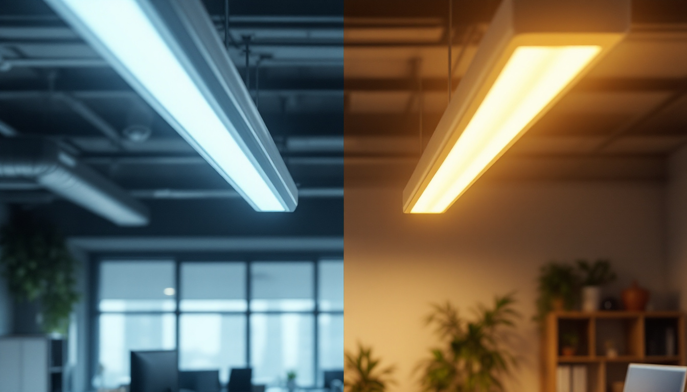 A photograph of a side-by-side comparison of a fluorescent light fixture and an led replacement in a workspace setting