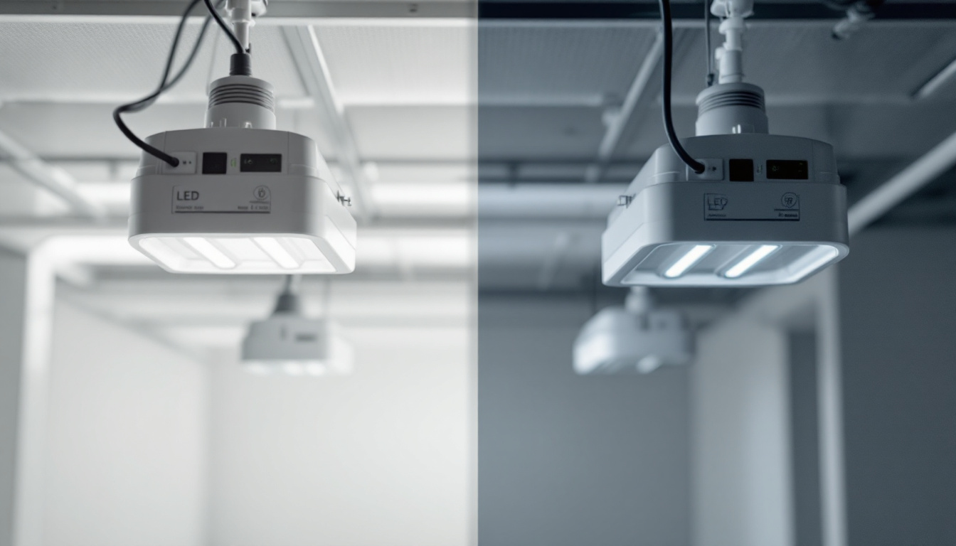 A photograph of a side-by-side comparison of a fluorescent light fixture and an led fixture in a well-lit space