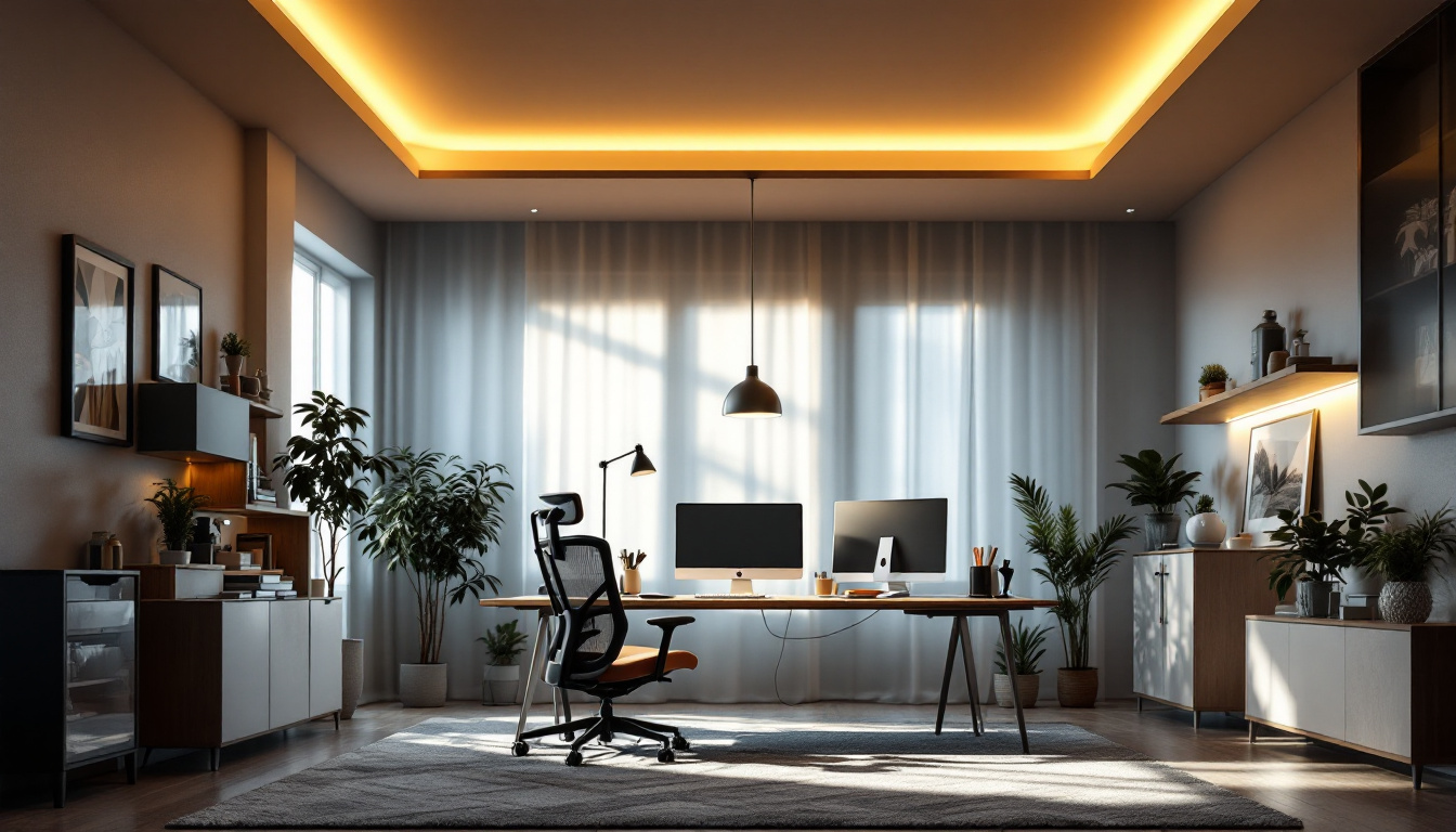 A photograph of a well-designed home office space featuring an aesthetically pleasing ceiling light