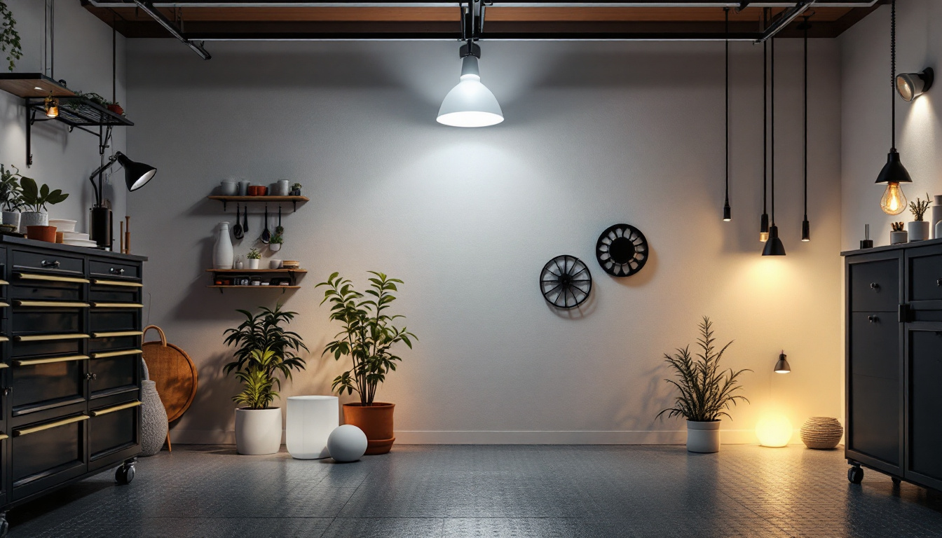 A photograph of a well-lit garage showcasing various types of lighting fixtures