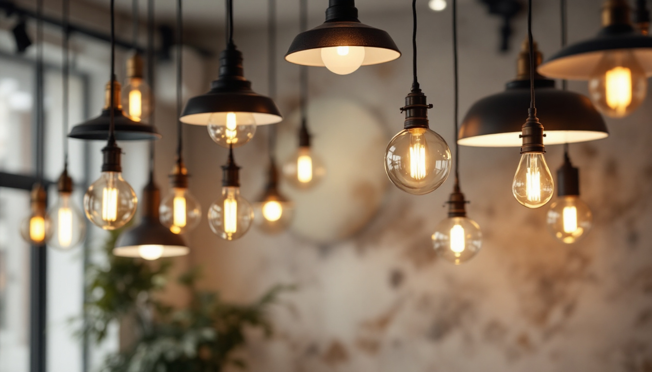 A photograph of a stylish commercial space featuring a variety of pendant lighting fixtures