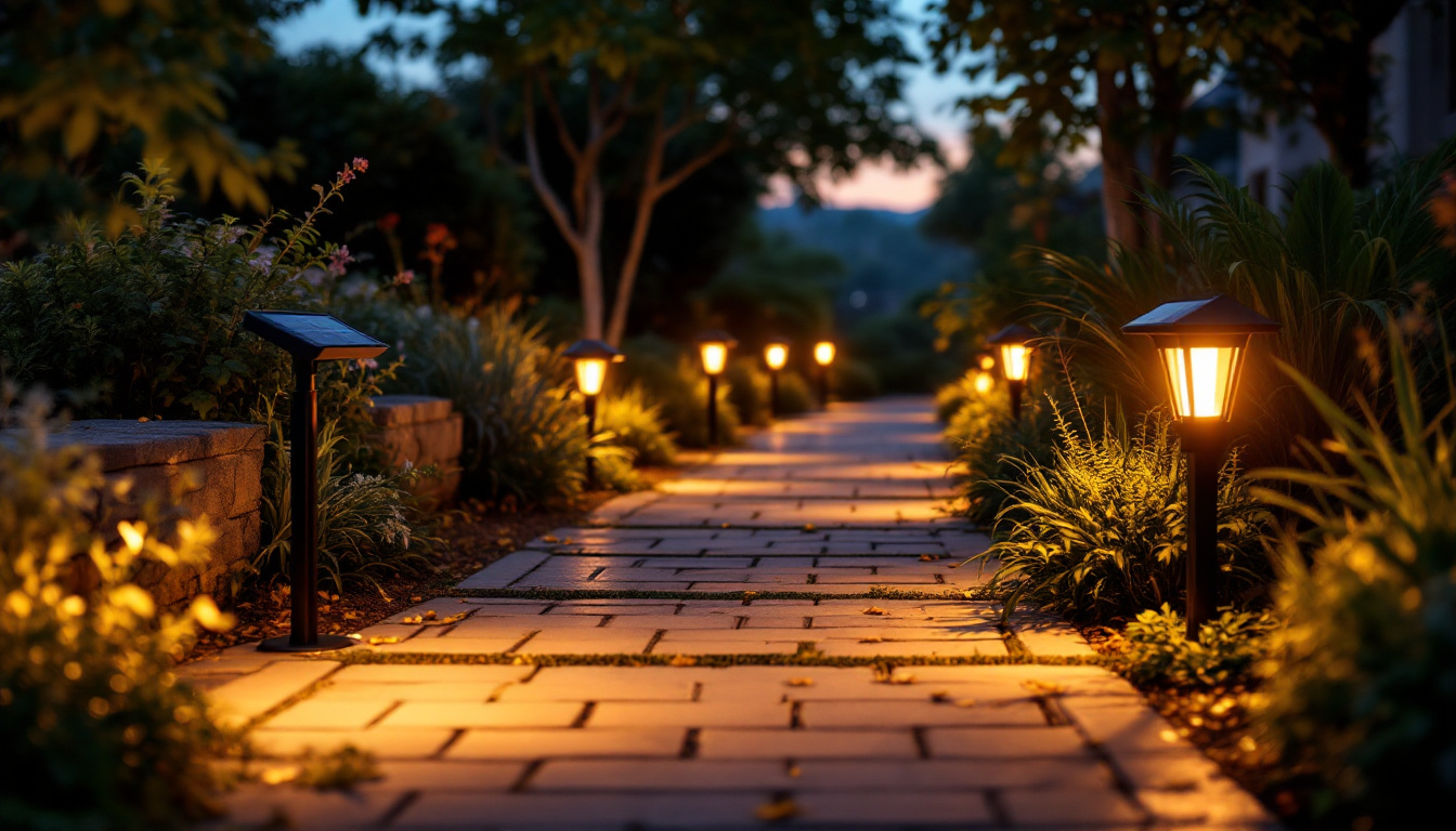 A photograph of a beautifully illuminated outdoor pathway featuring solar pathway lights
