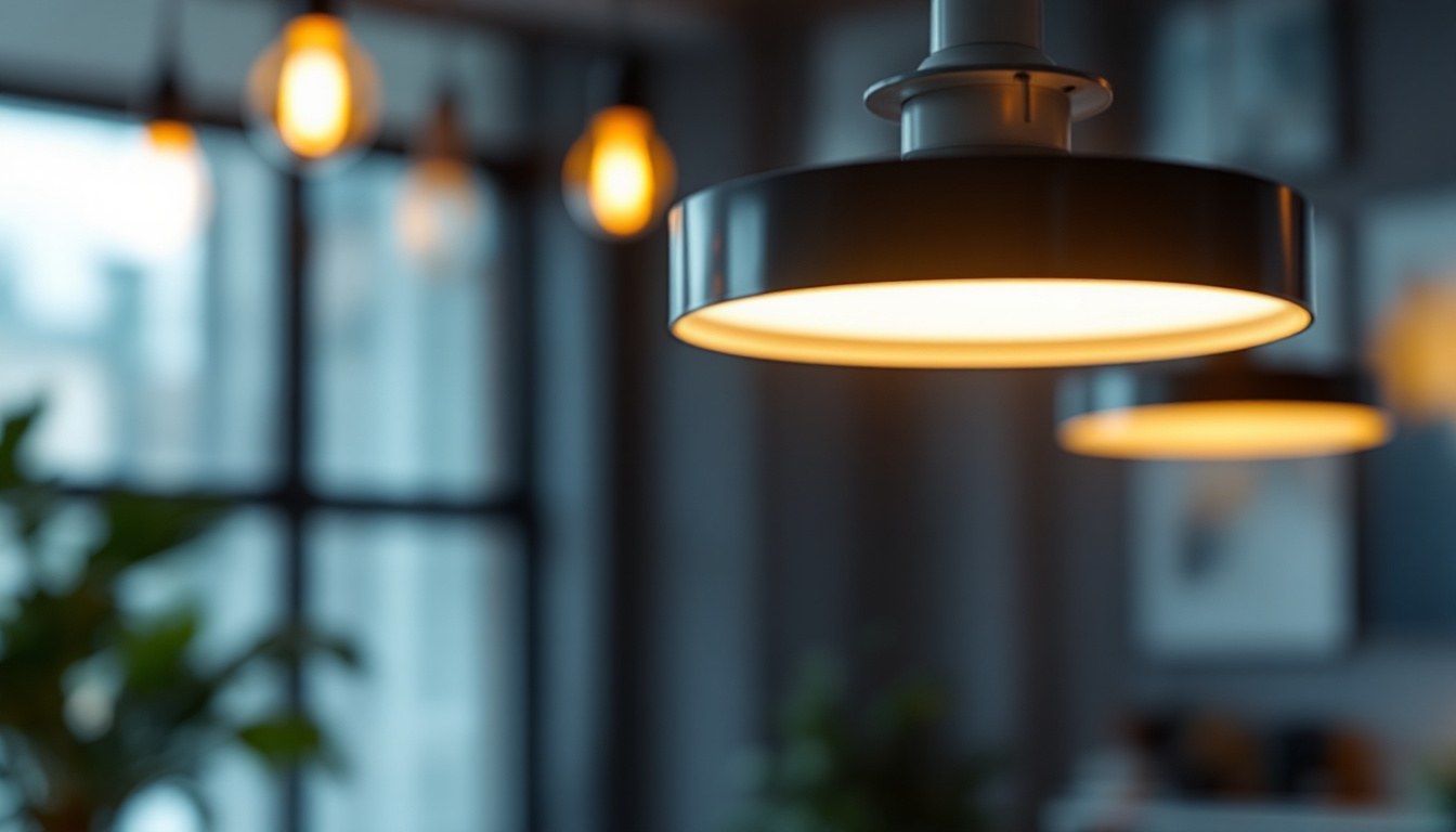 A photograph of a close-up shot of a modern wafer light fixture illuminated in a stylish interior setting