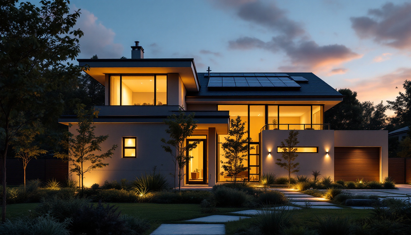 A photograph of a well-lit exterior of a modern home showcasing solar-powered house lights in action during twilight