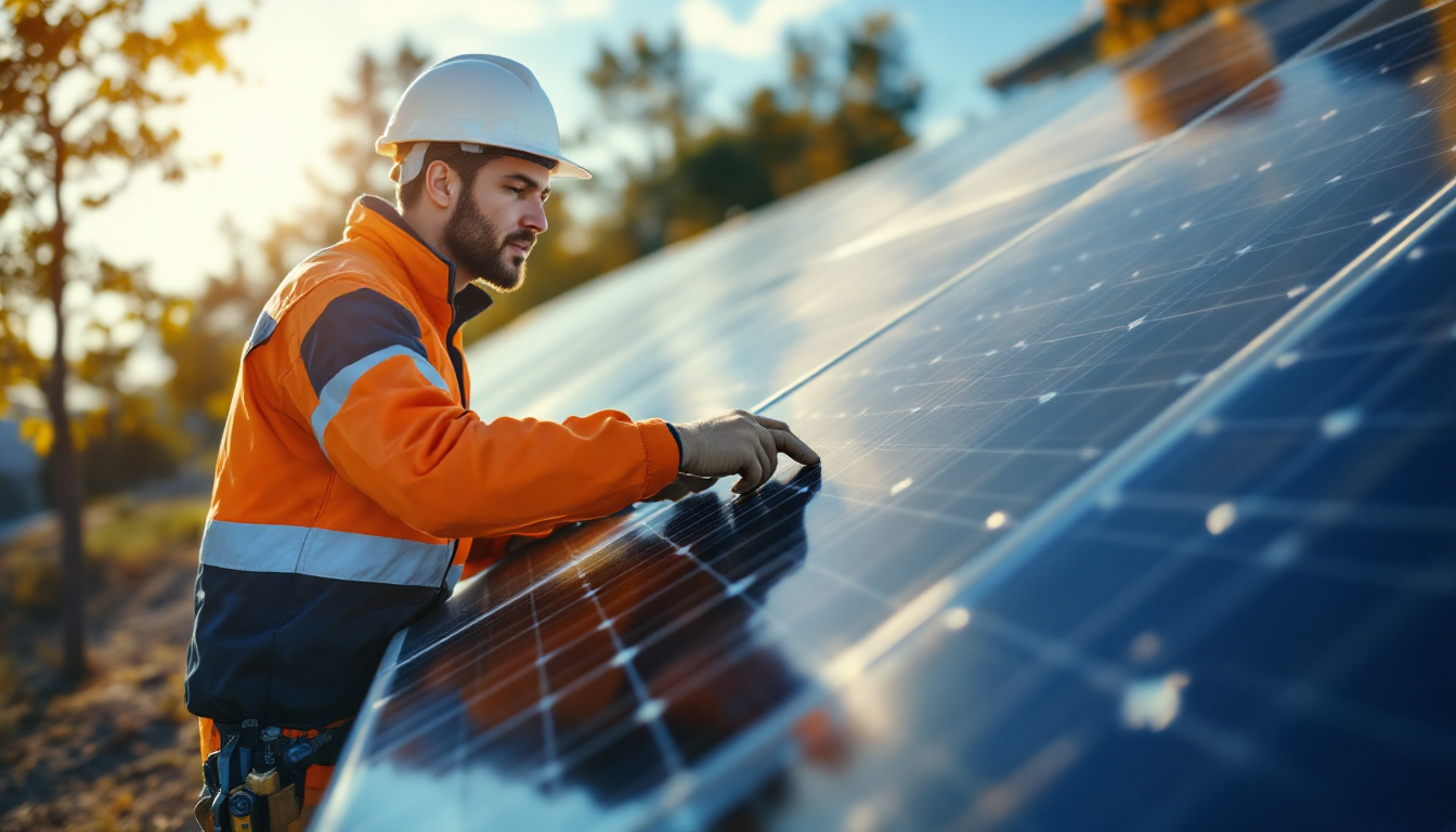 A photograph of a solar panel installation in a bright outdoor setting