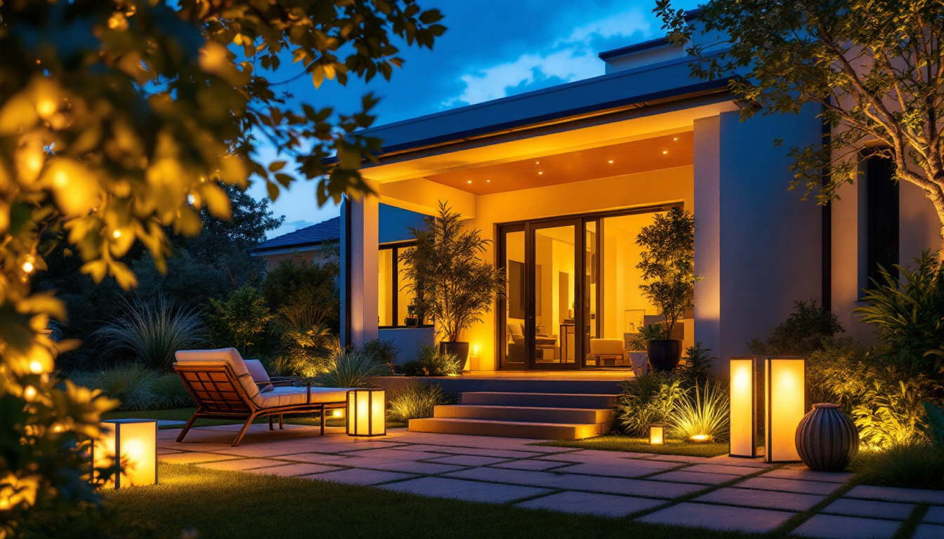 A photograph of a beautifully illuminated outdoor space featuring a variety of stylish lighting fixtures