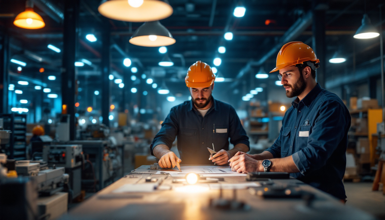 A photograph of a bustling industrial setting showcasing various types of lighting solutions in use