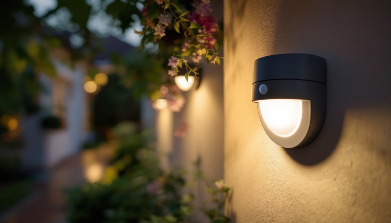 A photograph of a beautifully designed exterior motion sensor light fixture installed in a well-lit outdoor setting
