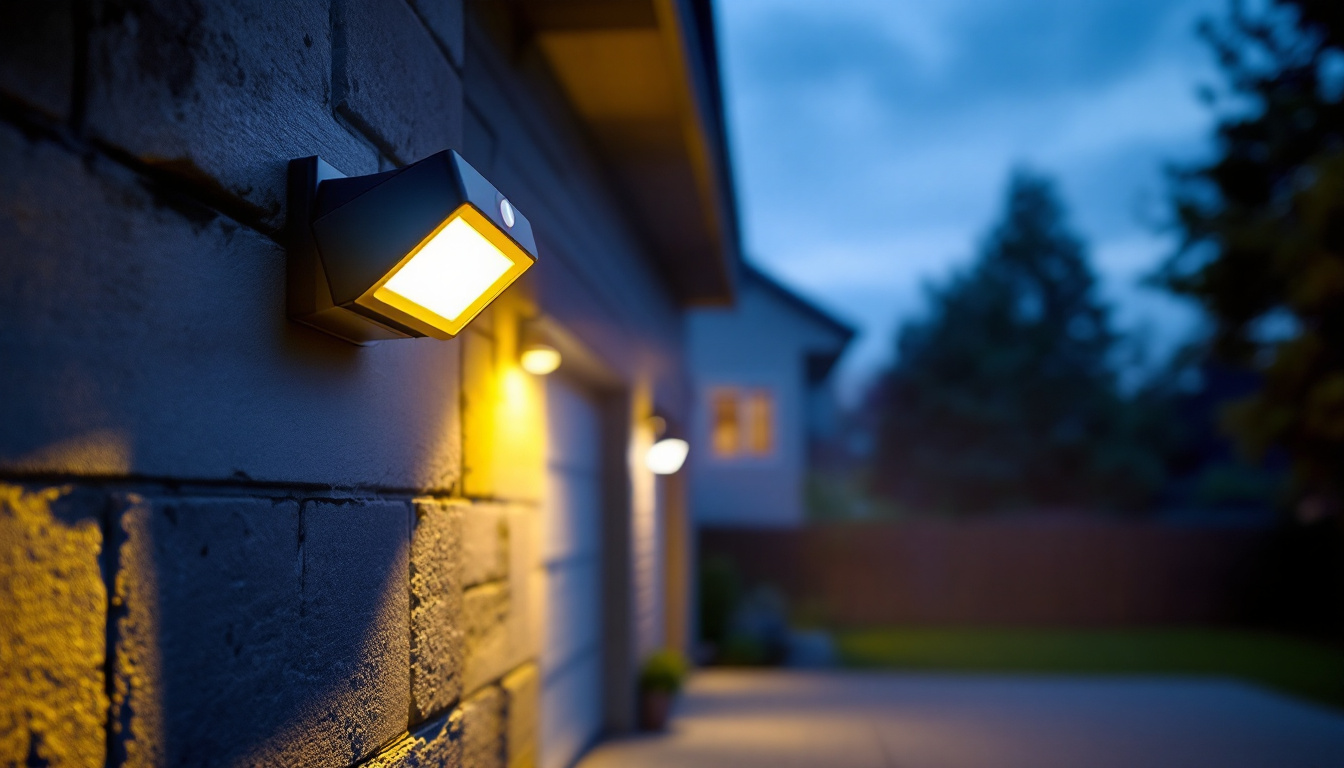 A photograph of a motion sensor outdoor garage light in action