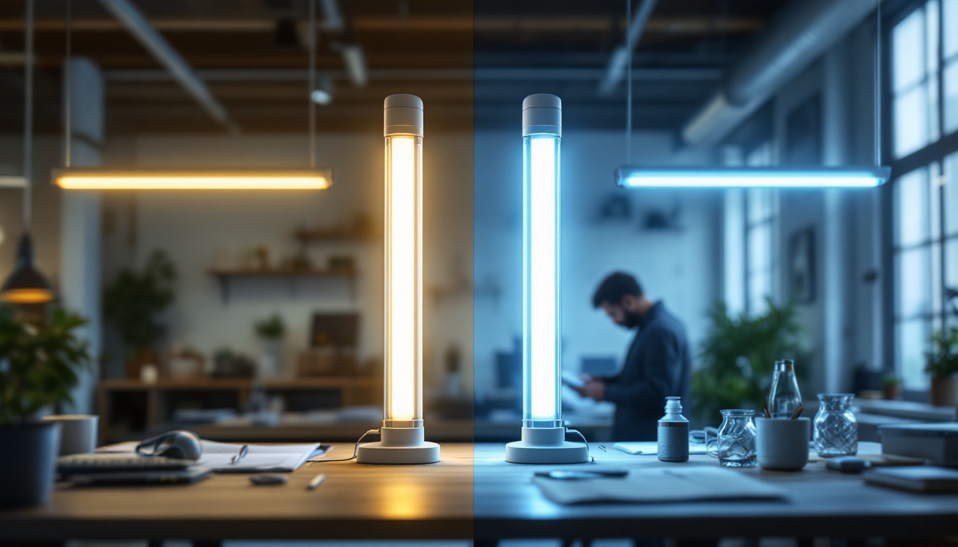 A photograph of a side-by-side comparison of a fluorescent tube and an led replacement tube in a well-lit workspace