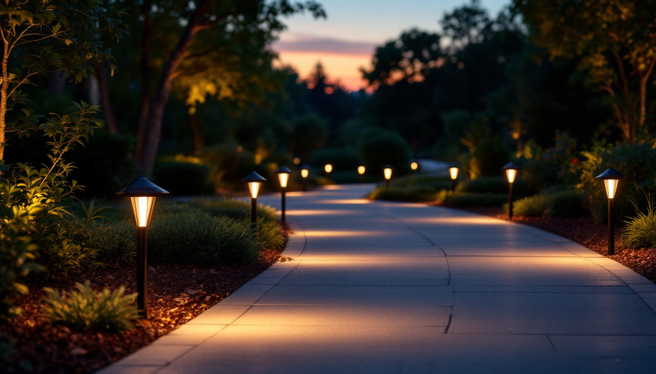 A photograph of a beautifully illuminated driveway at dusk