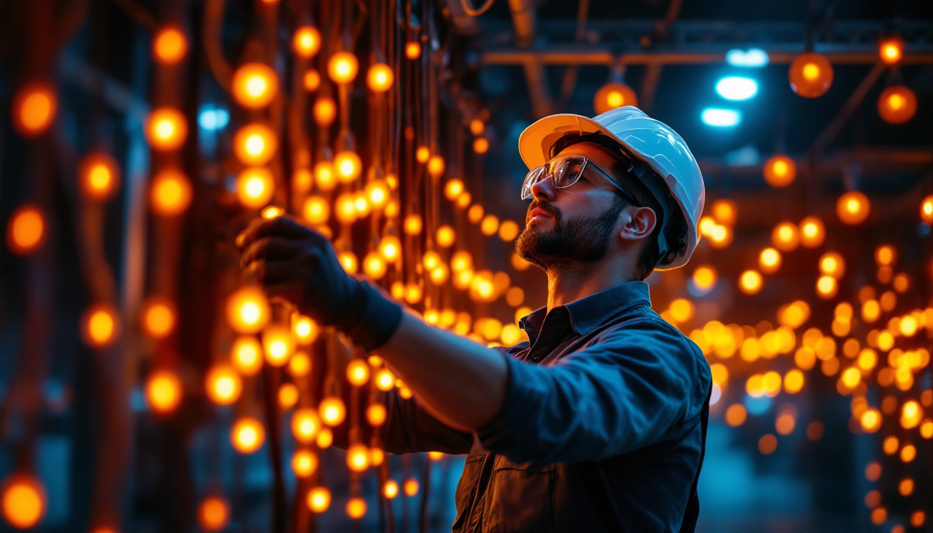 A photograph of an electrical engineer working intently on a modern drop lighting installation