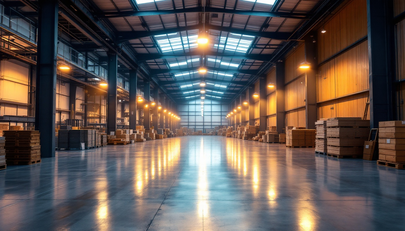 A photograph of a modern warehouse interior showcasing vibrant led lighting solutions