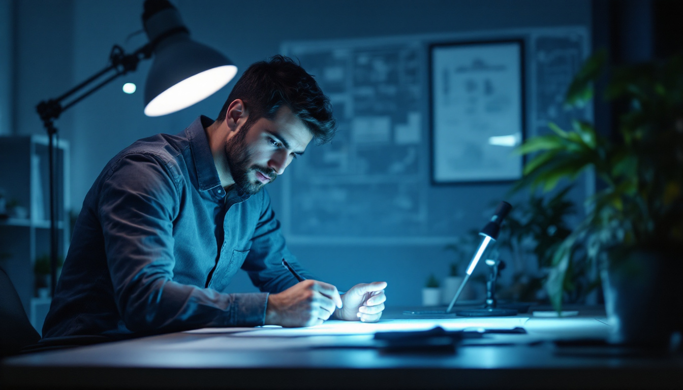 A photograph of a well-lit workspace featuring an electrical engineer analyzing led t4 lights