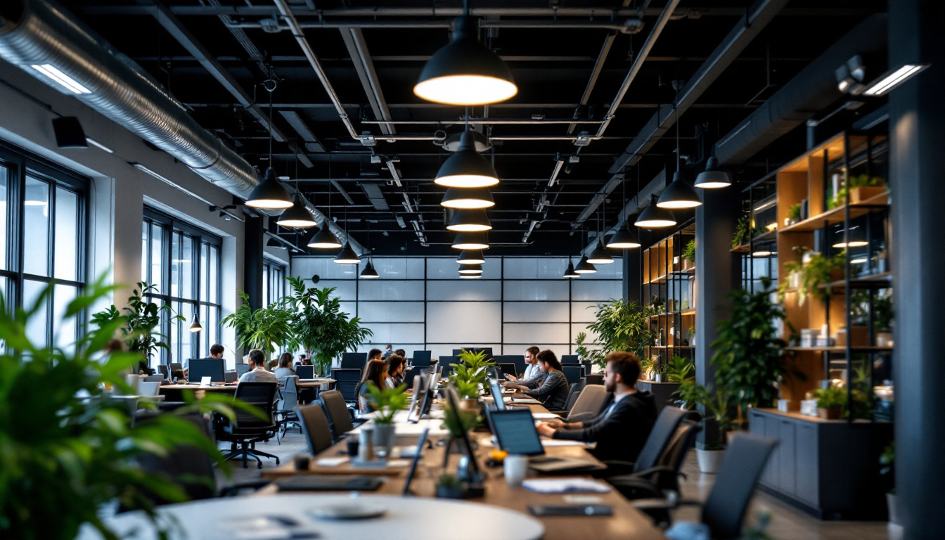 A photograph of a modern office space featuring energy-efficient ceiling lights