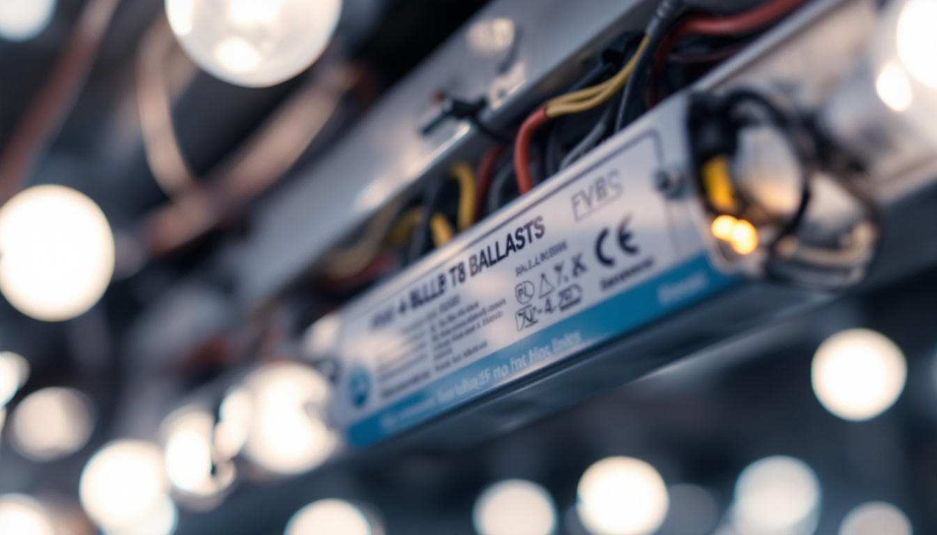 A photograph of a close-up shot of a 4-bulb t8 ballast installed in a lighting fixture