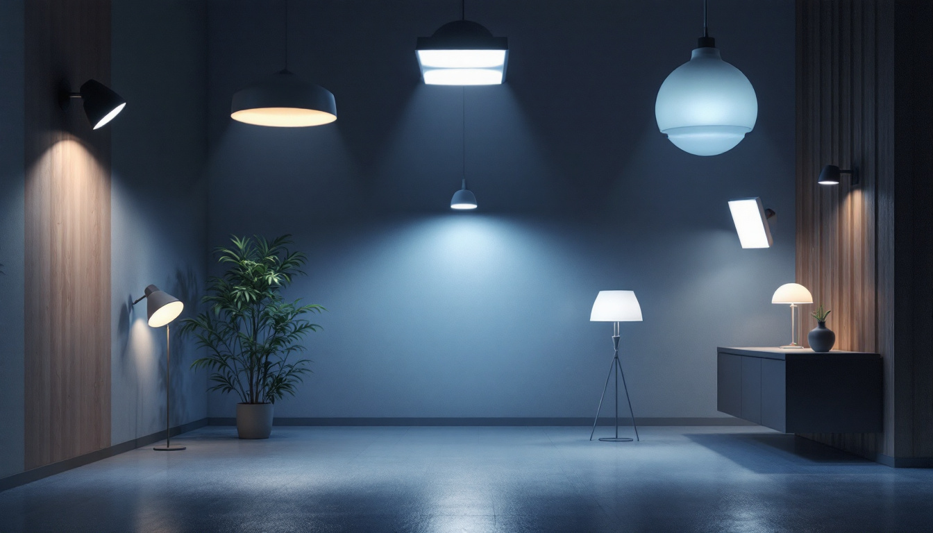 A photograph of a well-lit scene showcasing various lighting fixtures