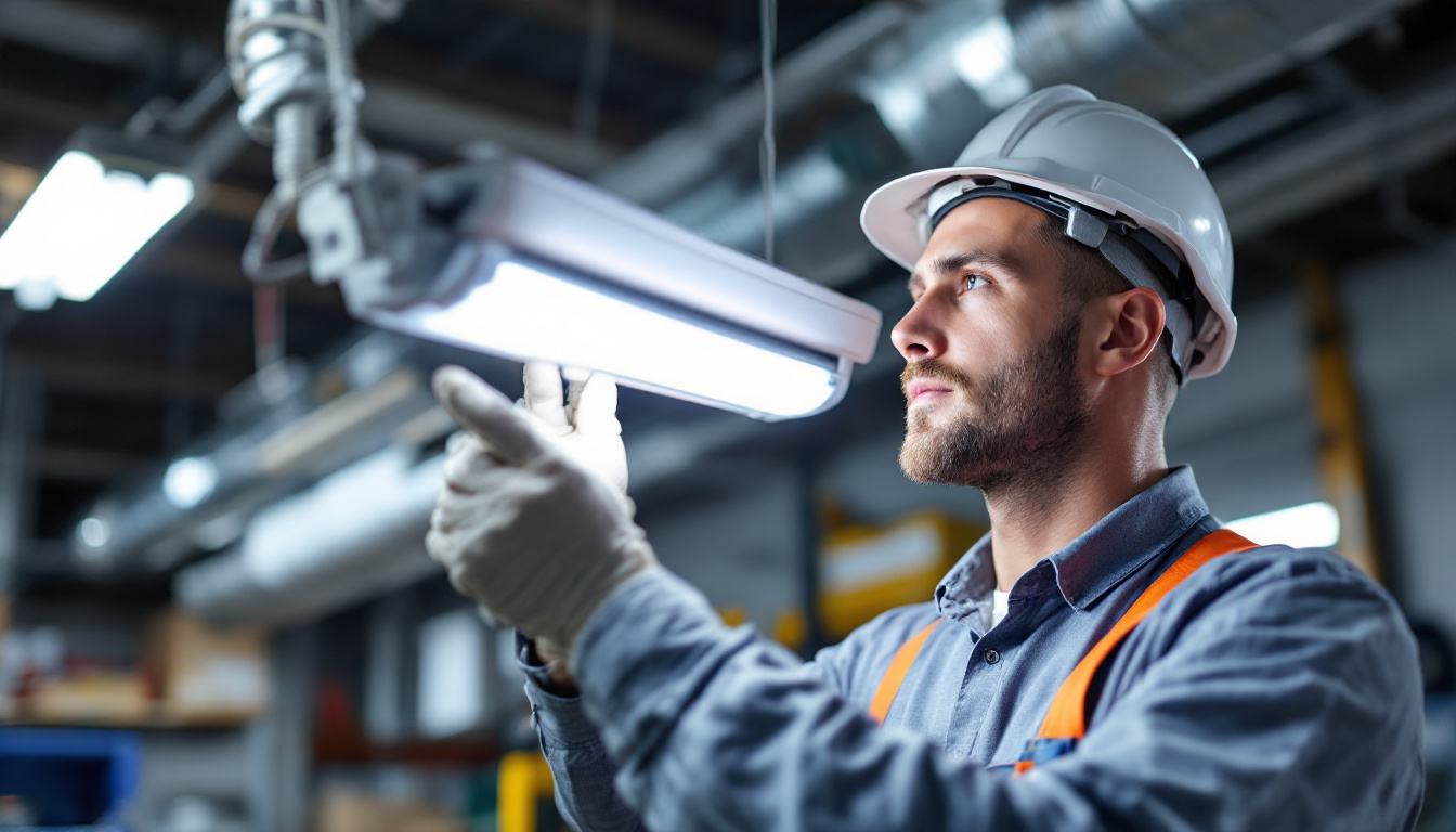 A photograph of a close-up shot of an electrical engineer replacing a fluorescent tube with an led fixture in a commercial setting