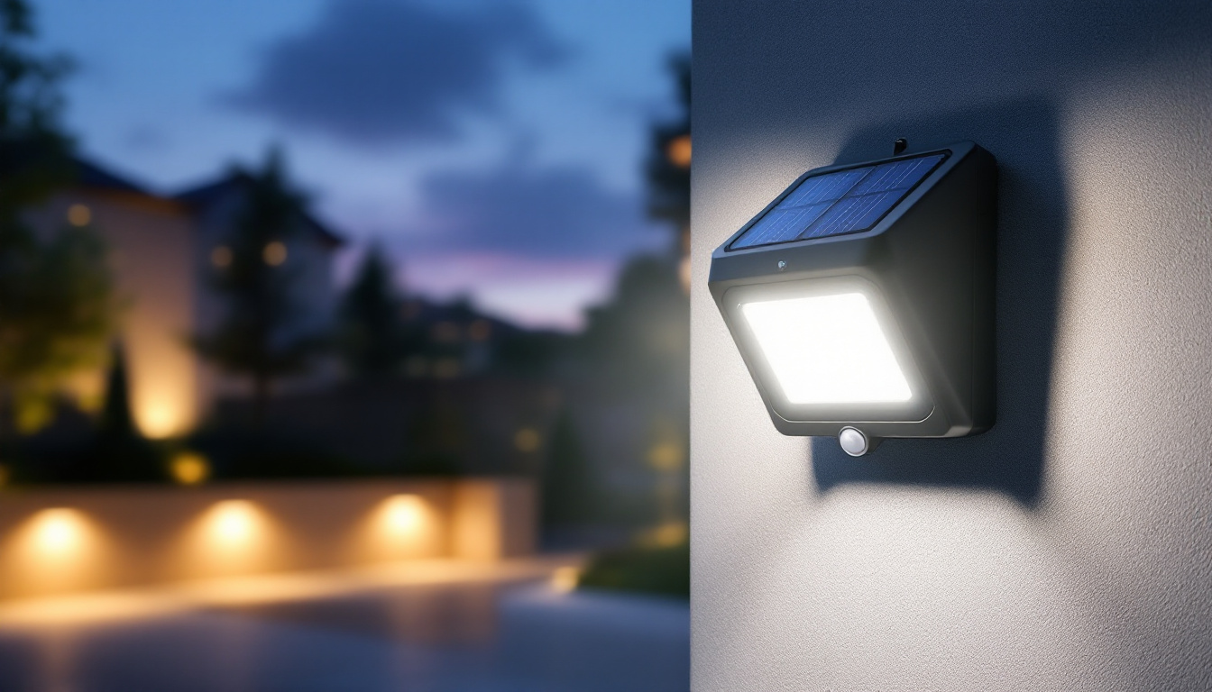 A photograph of a solar motion sensor flood light installed in a modern outdoor setting