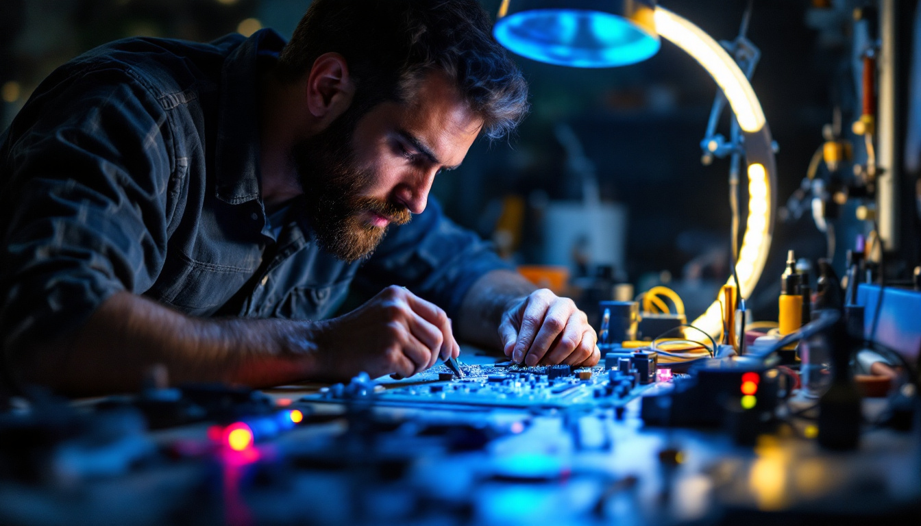 A photograph of an electrical engineer working intently on a circuit board