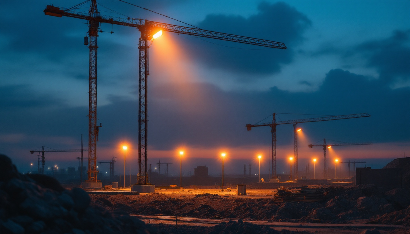 A photograph of a well-lit construction site at dusk