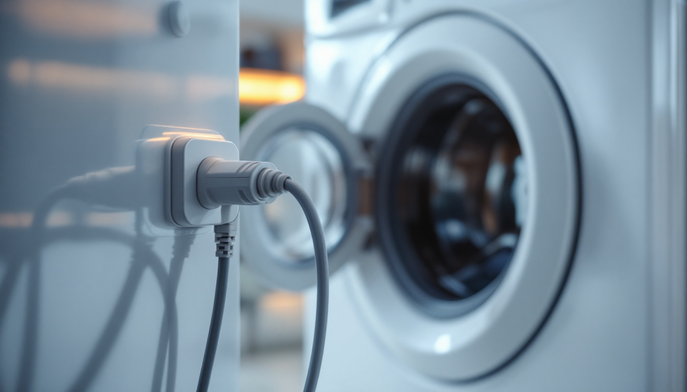 A photograph of a modern washing machine with a focus on its power plug and electrical connections