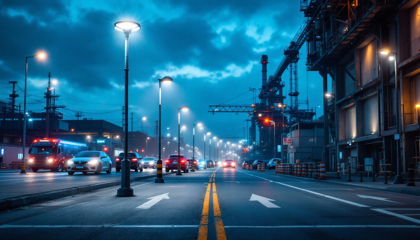 A photograph of a contrasting scene that showcases both industrial and commercial lighting bollards in action