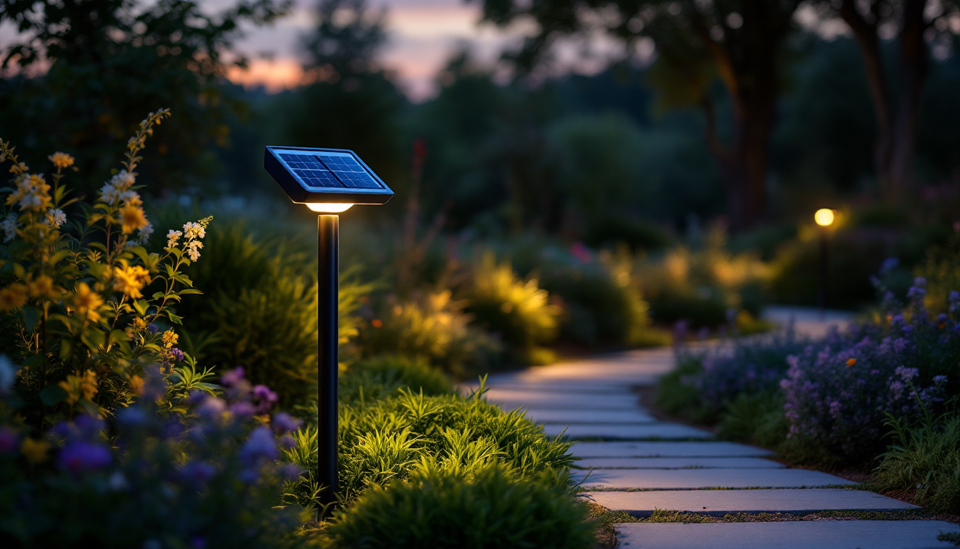 A photograph of a beautifully landscaped outdoor space featuring a stylish solar-powered light illuminating a pathway at dusk