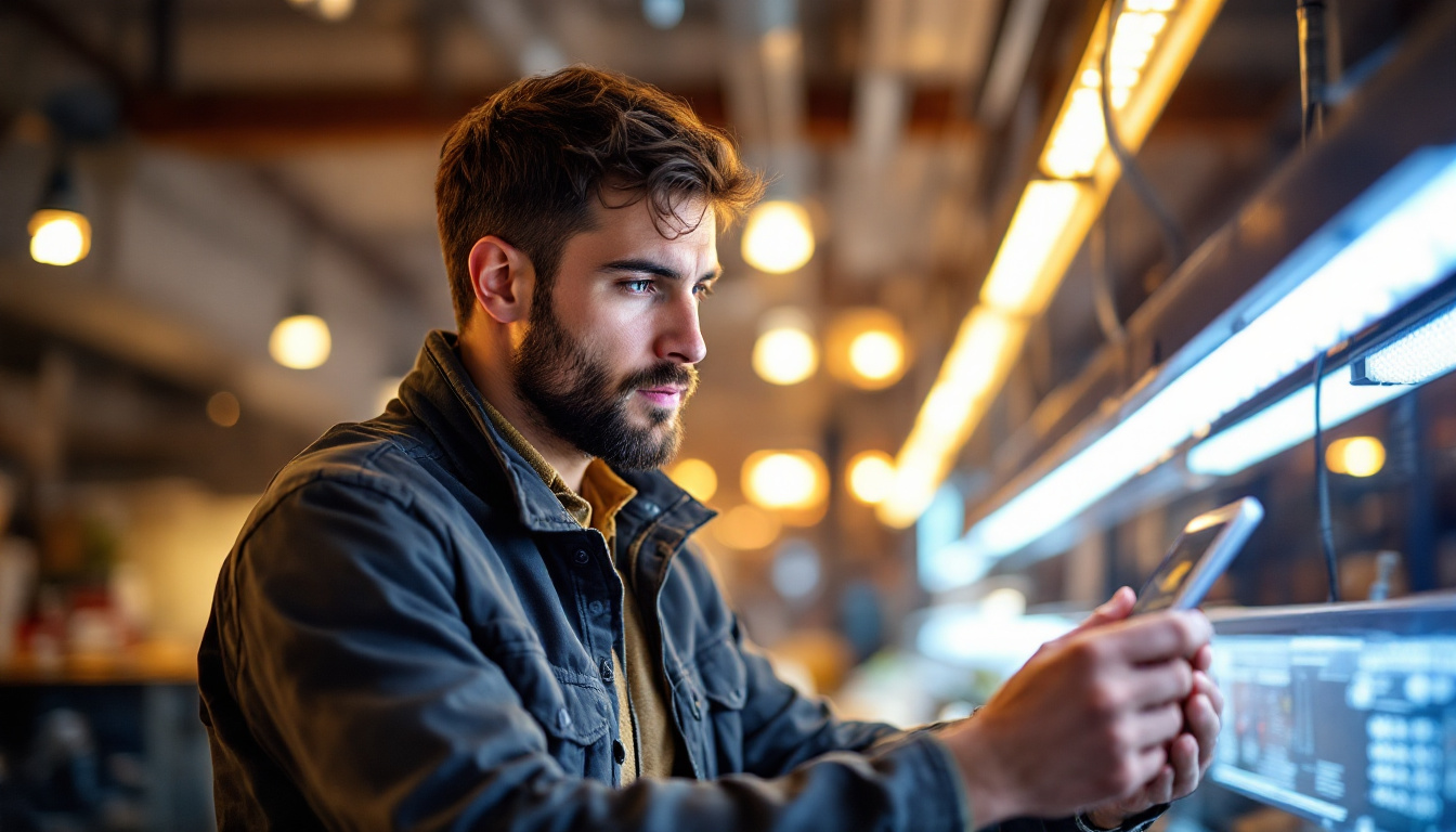 A photograph of a well-lit workspace featuring an electrical engineer examining led lighting fixtures