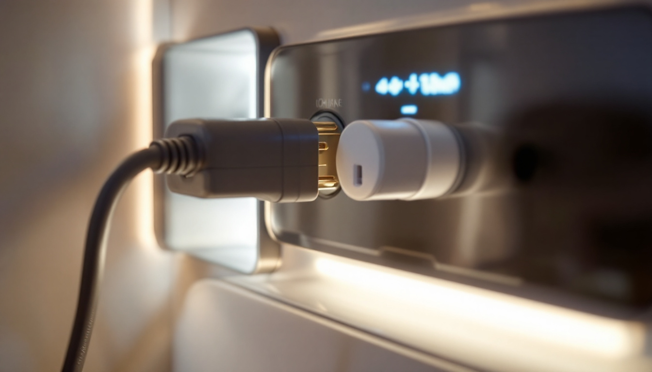 A photograph of a close-up shot of a washing machine electrical plug being connected to a power outlet