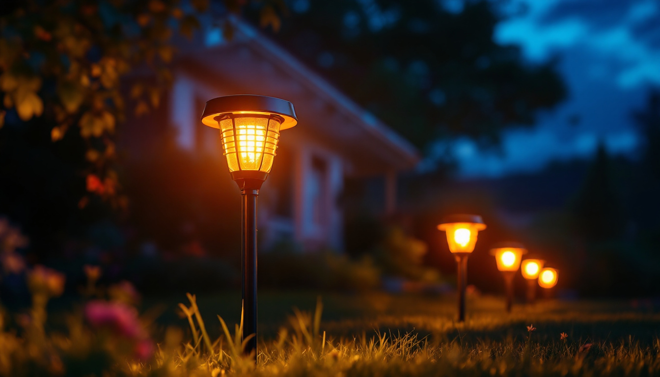 A photograph of a beautifully illuminated outdoor scene featuring long-lasting solar lights in action at dusk