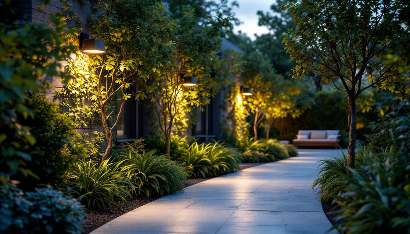 A photograph of a well-lit outdoor area showcasing wall pack lighting fixtures illuminating a sustainable landscape