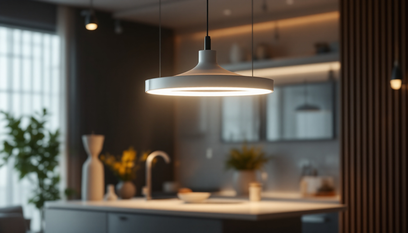 A photograph of a stylishly designed hanging led light fixture in a modern interior setting