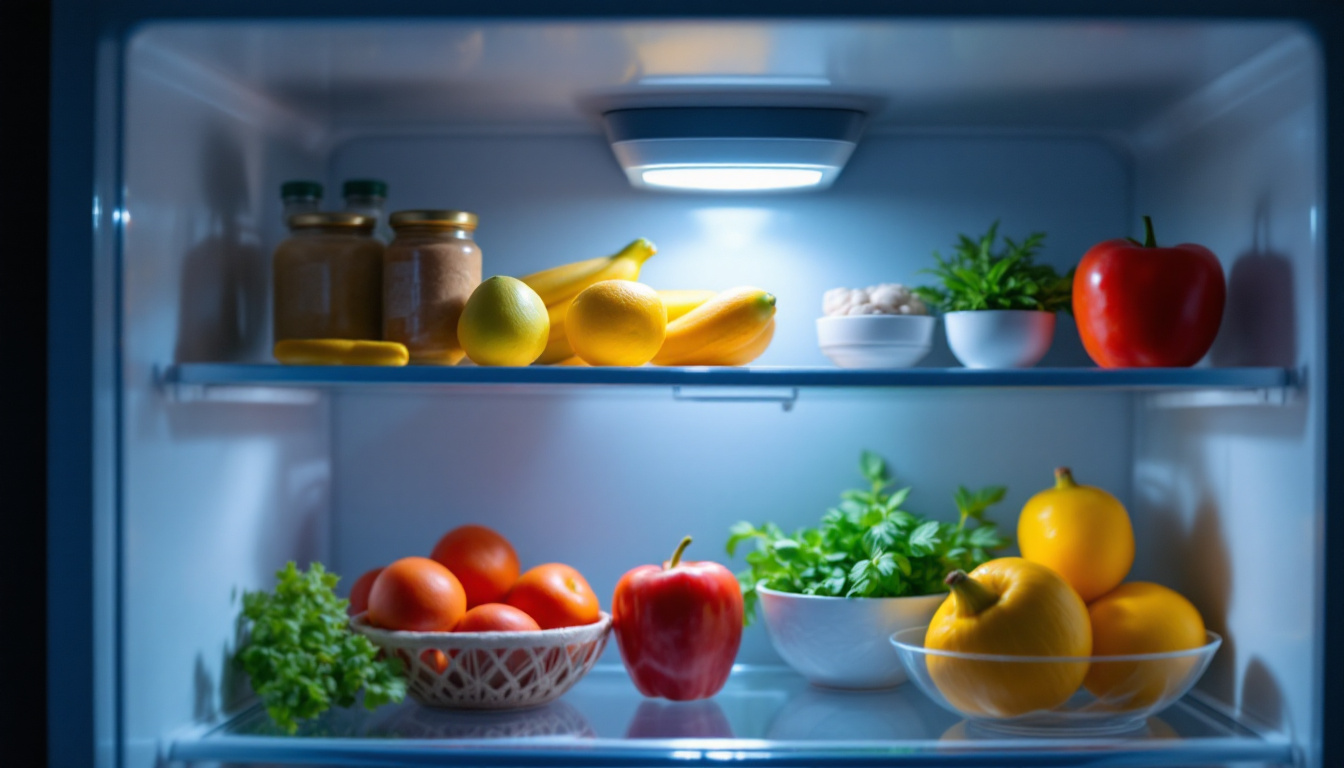 A photograph of a close-up shot of a refrigerator interior with its light illuminating fresh food items