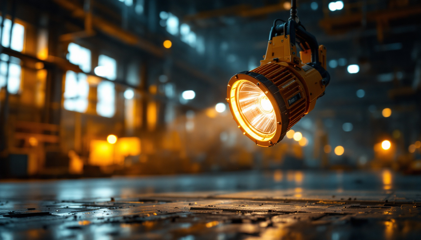 A photograph of a rugged explosion-proof lamp illuminated in a dynamic industrial setting