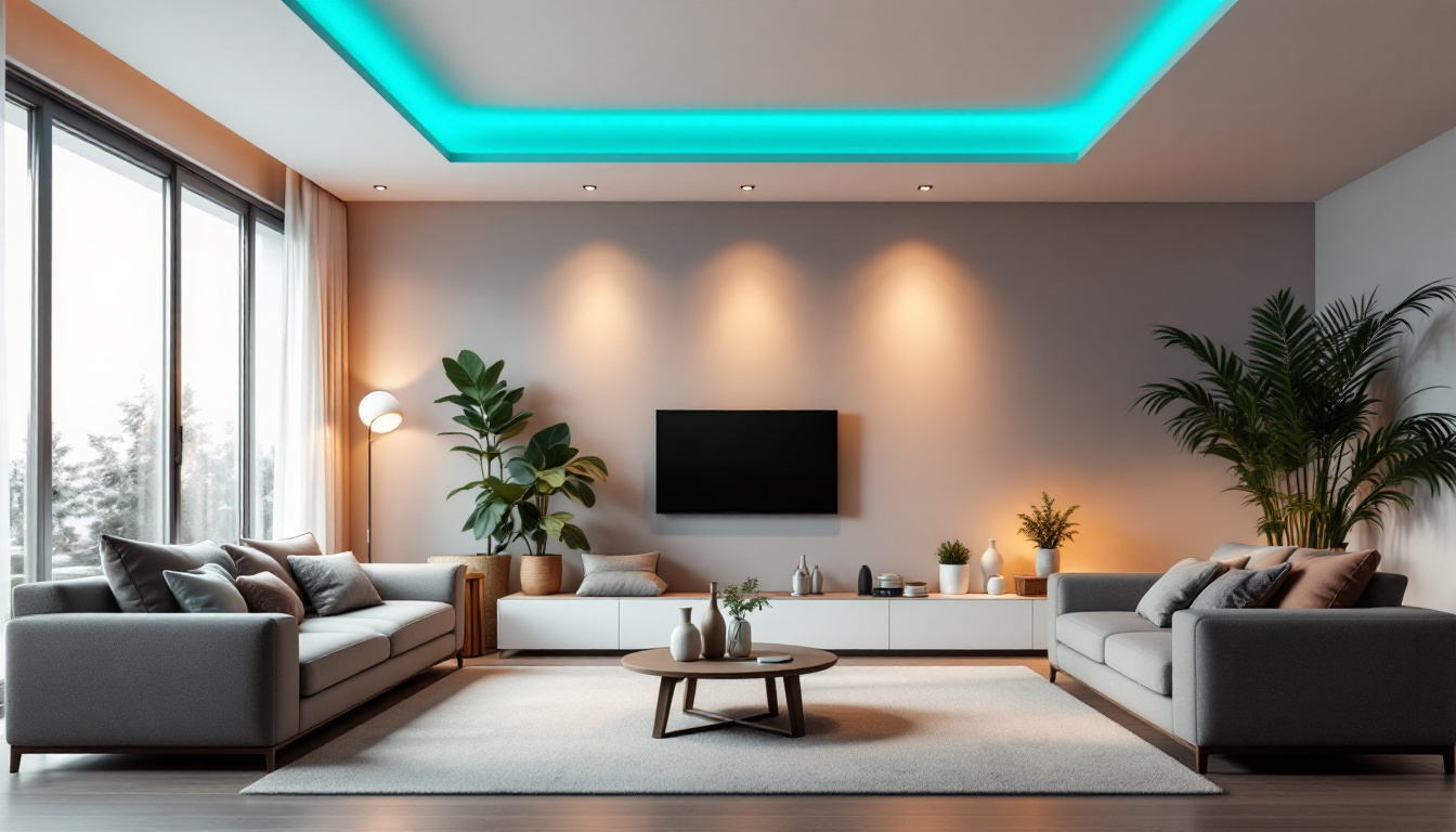 A photograph of a modern living space featuring a well-lit room with 6 led recessed lights installed in the ceiling