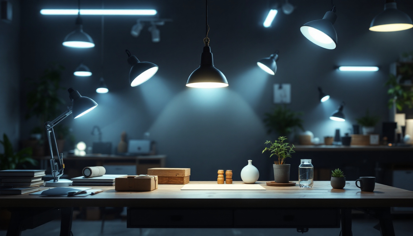 A photograph of a well-lit workspace showcasing various types of lighting fixtures