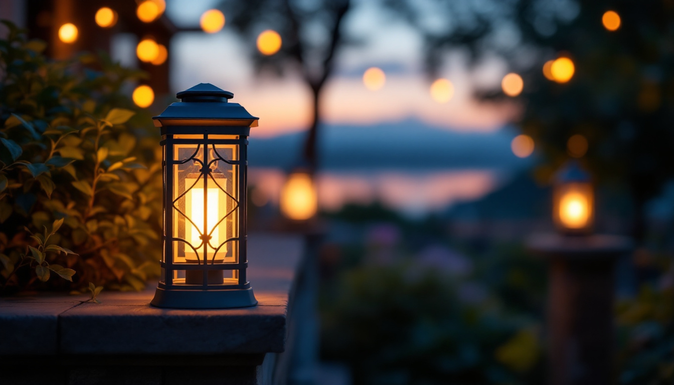 A photograph of capture a photograph of an outdoor solar-powered lantern illuminating a serene garden or patio setting at dusk