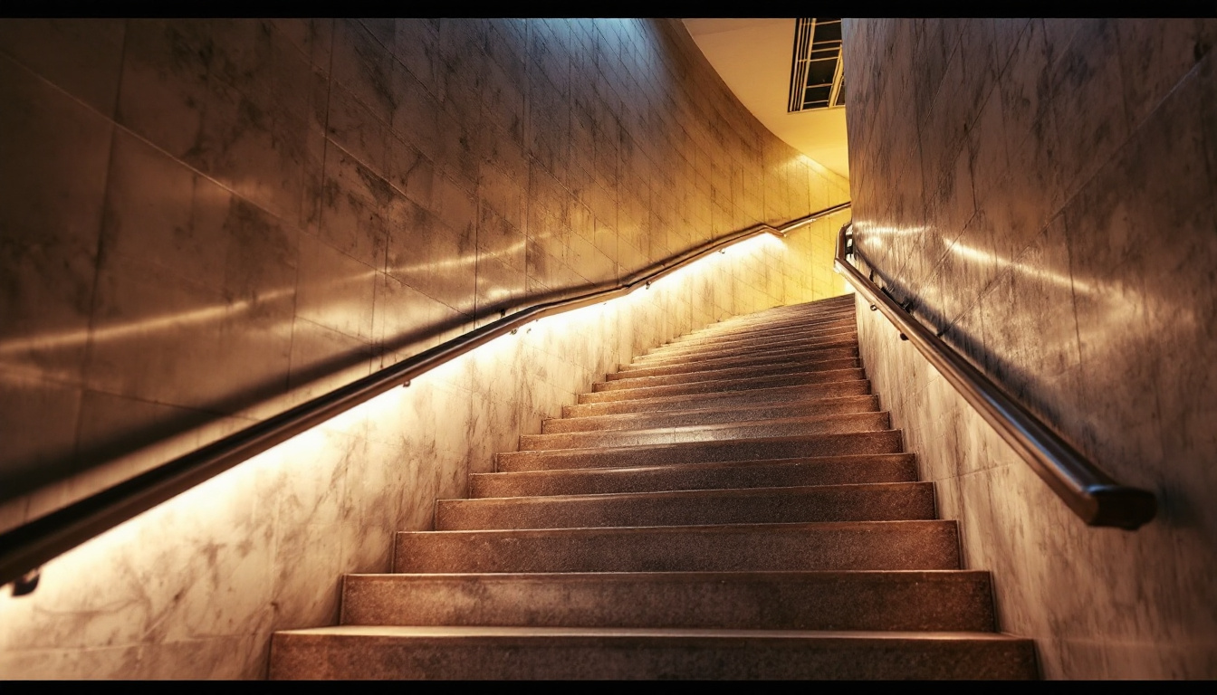 A photograph of a beautifully designed stairwell illuminated by modern light fixtures