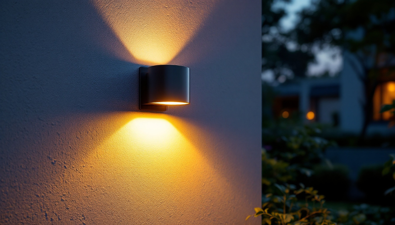A photograph of a stylish exterior solar wall sconce illuminated at dusk