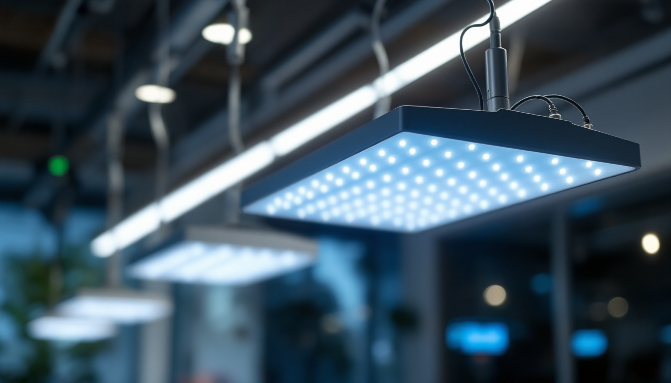 A photograph of a well-lit indoor space featuring 8-foot led lights connected to modern lighting controls