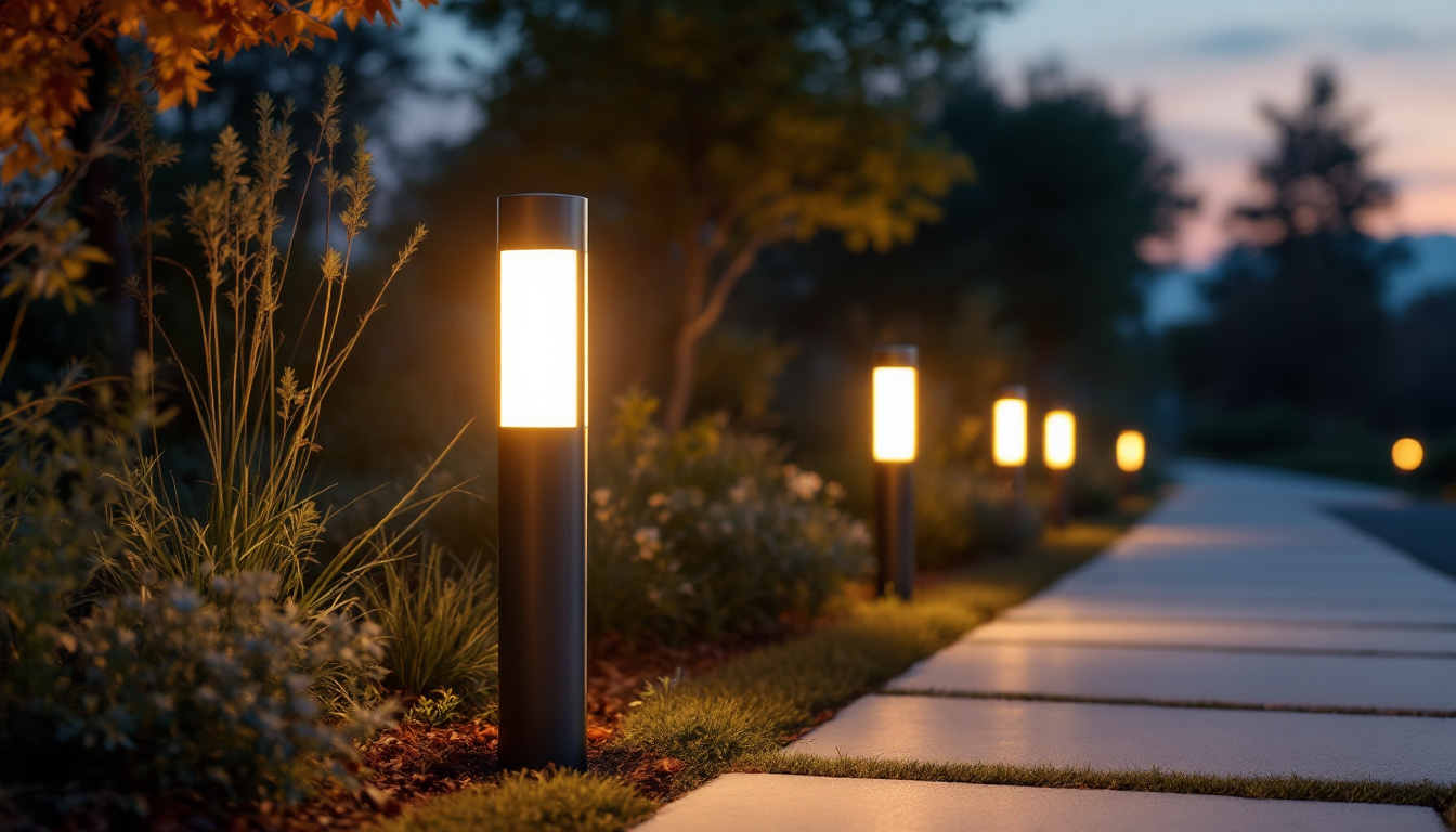 A photograph of a stylishly designed led bollard light illuminating a pathway in an outdoor setting during dusk