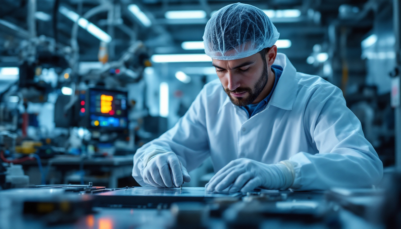 A photograph of a skilled electrical engineer working intently on a 6-inch wafer in a cleanroom environment