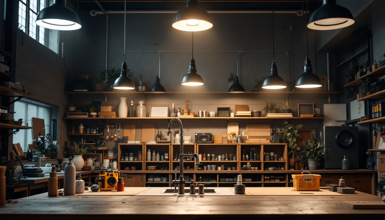 A photograph of a well-lit workshop or retail space showcasing various led overhead shop lights in action