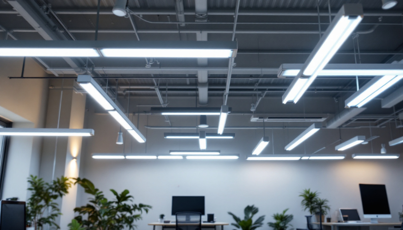 A photograph of a well-lit workspace featuring a variety of fluorescent light fixtures in use