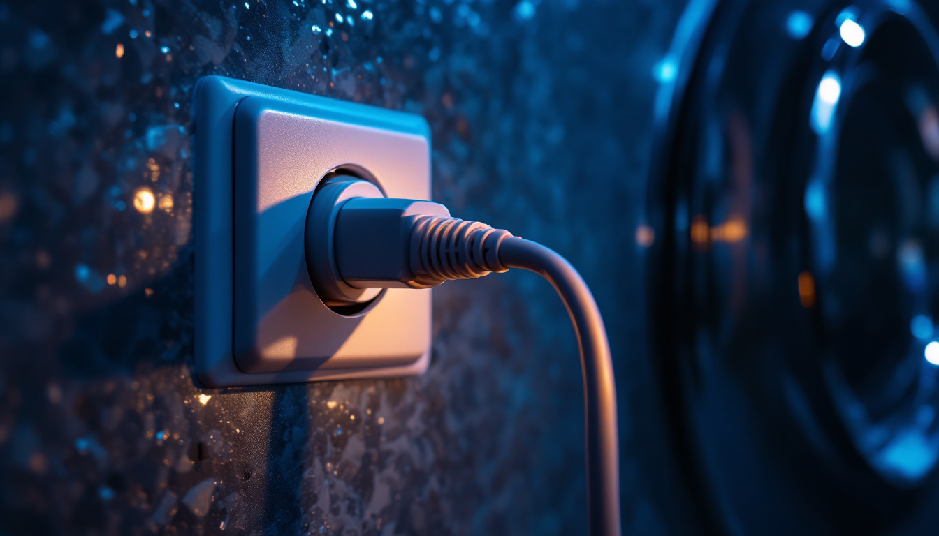 A photograph of a close-up view of a washer electrical outlet with a washing machine plugged in